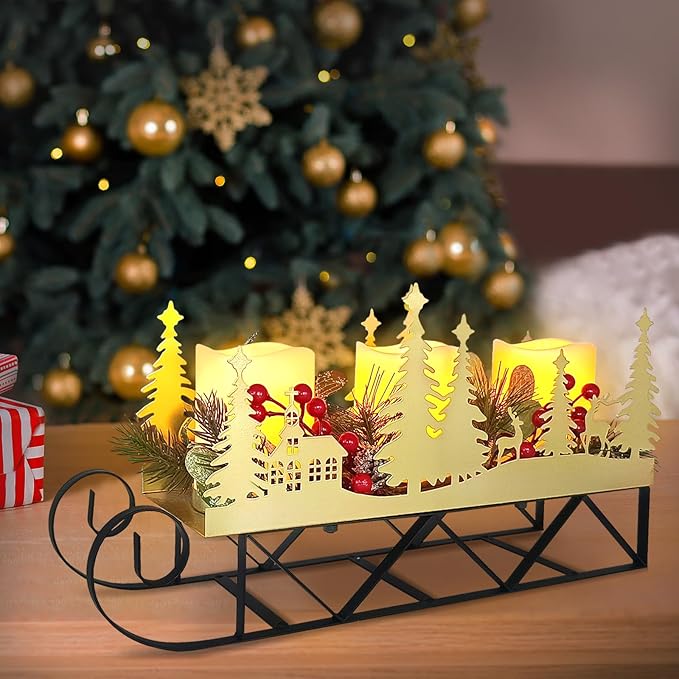 Christmas Sleigh Table Centerpieces Decorations, Xmas Gold Cut-Out Tree Sleigh LED Candle Candelabrum with Timer Holiday Candle Holder for Home Party Table Mantel Decoration