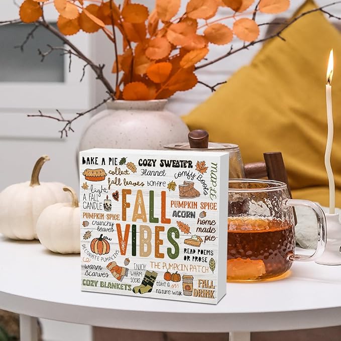 Autumn Thanksgiving Happy Fall Pumpkin Drink Maple Leaf Office Bedroom Dining Room Decor Wooden Box Block Plaque Wood Products Sign for Desk Table Tabletop Decor 5 x 5 inches Tub1601