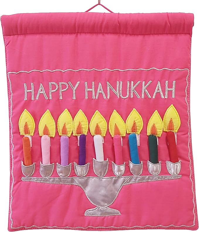 Jewish Happy Hanukkah Menorah Wall Hanging by Pockets of Learning | Brit Bat Gift, Festive Hebrew Holiday Décor, Judaica Fabric Advent Calendar | Chanukah Cloth Countdown with Candles and Pouch Pink