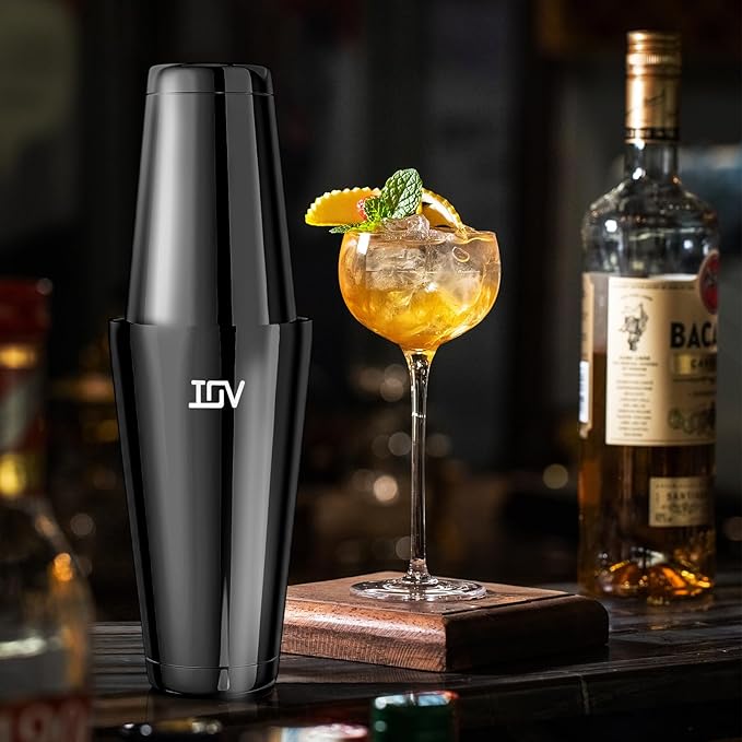 IOV Boston Cocktail Shaker Set, 18oz & 28oz Stainless Steel Weighted Shaker Tins, Metal Martini Drink Mixer for Bartending, Professional Bar Tools with Cocktail Recipe Guide, Black