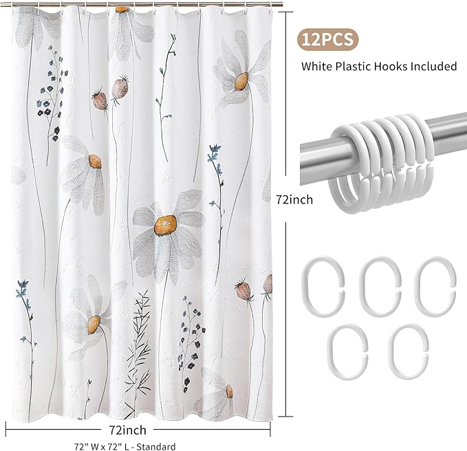 QiyI Floral Shower Curtain, 3D Embossed Butterflies Flower Bathroom Curtain, Watercolor Grey Daisy Minimalist White Cloth Bath Curtain, Waterproof Fabric Soft Shower Curtain Set with Hooks, 72x72