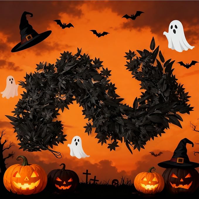 2PCS 6FT Black Maple Leaf Garland, Halloween Artificial Hanging Fall Leave Vines, Fall Floral Garlands Thanksgiving Decor and Home Wedding Party