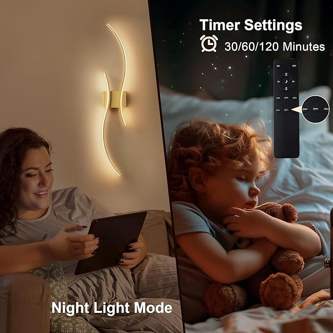 Battery Operated Wall Sconces with Remote Control, Stepless Colors 3000K-6000K & Dimming, LED Gold Wireless Wall Light for Living Room, Hallway, Bedroom, 39.3 Inch (1 Pack)
