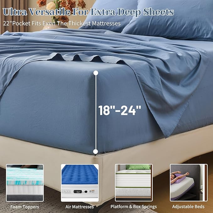 MEISHANG 100% French Pure Linen Sheets King Size - 6 PC Extra Deep Pocket Sheet Set, Soft Durable Flax Linen, Anti-Tear Breathable & Oeko-Tex Certified 18-24 Deep Pocket,All Season(Dusty Blue)