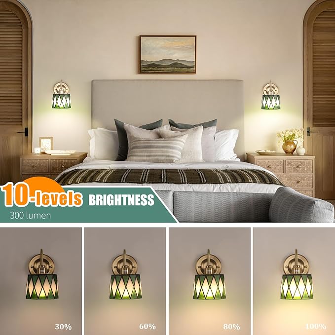 Vintage Battery Operated Wall Sconce Set of 2, 5000mAh Rechargeable Wall Lamp 12 RGB Colors Dimmable, Gold Lights Fixture for Bedroom Bathroom Living Room Hallway Clear Green Checker