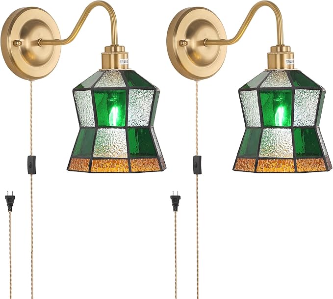 Plug in Wall Sconces Set of 2, Vintage Wall Lamps with Polygonal Checker Stained Glass Shade, Brass Lights Fixture Decor for Bedroom Bathroom Living Room Hallway