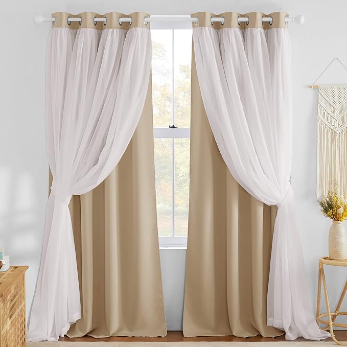 NICETOWN Curtains 84 inches Long - Farmhouse Curtains for Bedroom Living Room Decor Double Layer Grommet Blackout Soundproof Darpes with Crushed White Sheer, Biscotti Beige, 52W x 84L, 2 Panels