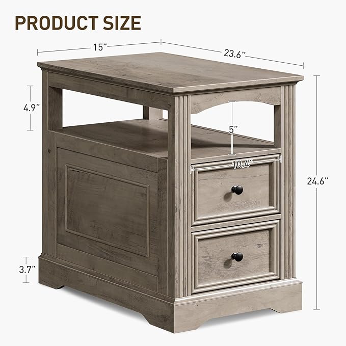 Farmhouse End Table Set of 2, Narrow Sofa Side Table with 2 Drawers and Open Shelf, Wooden Nightstand with Storage for Small Spaces, Bedroom, Living Room, Greige