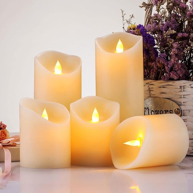 Flameless Candles, Flickering Moving Flame LED Candles Set of 5 (Size: D: 3" x H: 4"/4"/4"/6"/6") Pillar Realistic Real Wax Battery Operated Candles with Remote Control 2 4 6 8 Hours Timer