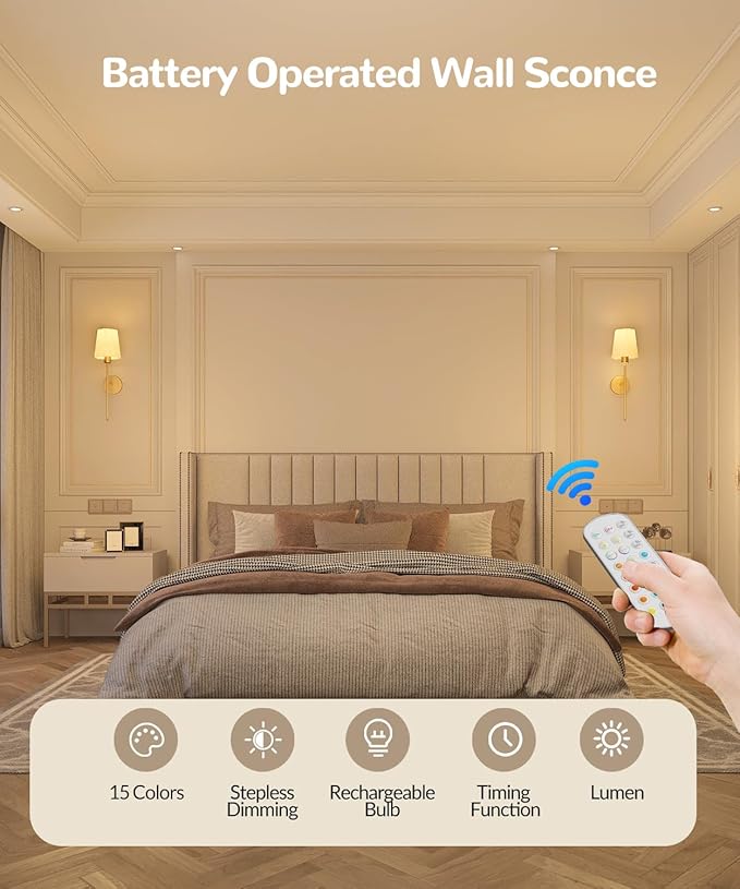 Battery Operated Wall Sconce Set of 2,Rechargeable Wall Lights with Dimmable Detachable Bulbs and Remote,15 Colors Wireless Wall Lamps for Bedroom Living Room Hallway,Gold(2 Pack)