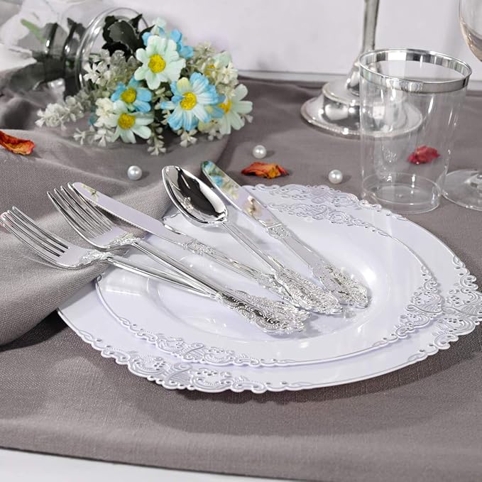 Liacere 150PCS Silver Plastic Plates with Silver Cutlery - Disposable Plastic Plates Include 30Dinner Plate, 30Dessert Plate, 30Knives, 30Spoons, 30Forks - Ideal for Wedding&Christmas