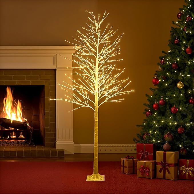 Baquler 1 Pack Lighted Birch Tree - Artificial LED Warm-White Light Birch Tree Decoration for Christmas Holiday Party Wedding Festival Decor, Indoor & Outdoor (9.2 ft)