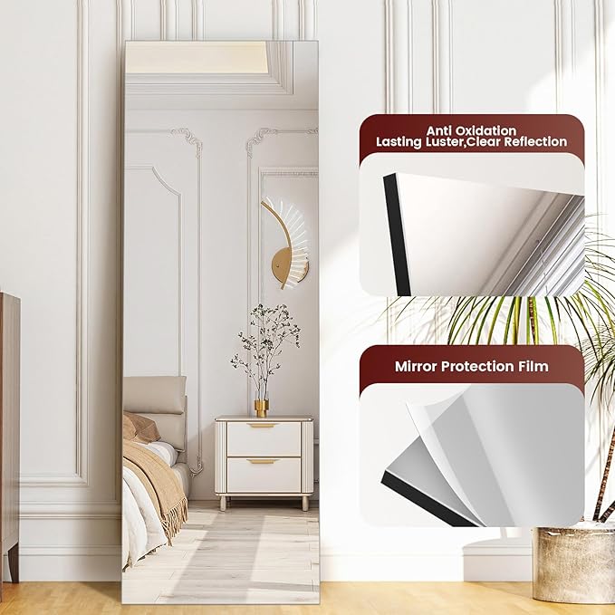 Kosmonia 56x18 Frameless Full Length Silver Coating Mirror w/Distortion Free, HD Reflection &Anti Desilvering, Tempered Glass & Shatter Proof Film Doubling Safety, Easy Setup w/Stand, Wall/Standing
