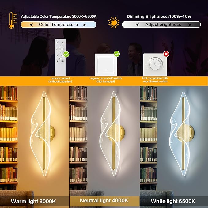 Gold Wall Lights 22.4In Acrylic Wall Sconce with Remote Control LED Dimmable Sconces Wall Lighting for Living Room Hallway Bathroom Bedroom Stairs