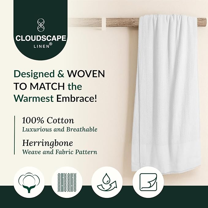 Cloud Scape Linen Herringbone Cotton Throw Blanket for Couch, Bed,Sofa, Home Decor, Soft, Lightweight, All-Season Bed Blanket, 50 x 70, White