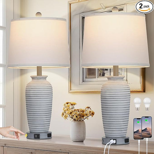 25" Farmhouse Jar Table Lamps Set of 2, 3 Way Touch Control Rustic Bedside Lamps with USB A+C Ports & AC Outlet, Pot Nightstand Lamps for Bedroom Living Room (LED Bulbs Included)