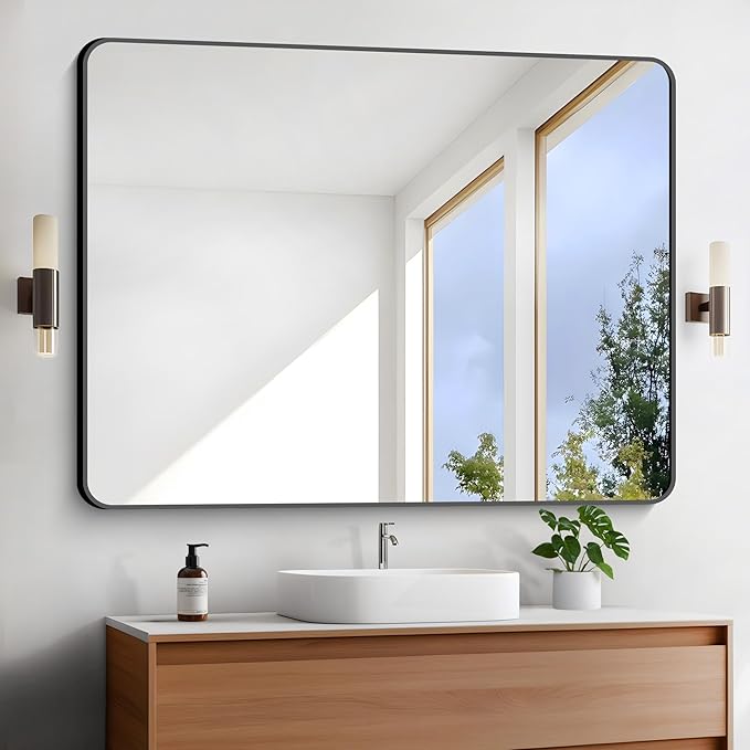 FORBATH Large Bathroom Mirror 48 x 36 Inches,Black Large Wall Mirror Aluminum Frame Wall Mounted Rounded Corner Morndern Mirror for Bathroom Bedroom Entryway Living Room