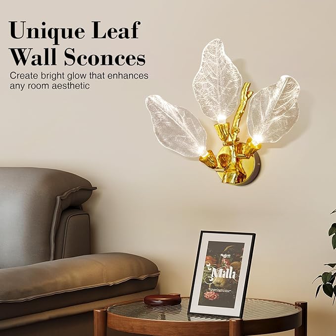 LED Gold Wall Sconces, Dimmable Modern Wall Lights, Bionic Leaf Vanity Light Fixtures for Bathroom, Bedside Wall Lamp Perfect for Bedroom, Living Room, Kitchen,Hallway (1 pcs,Gold)