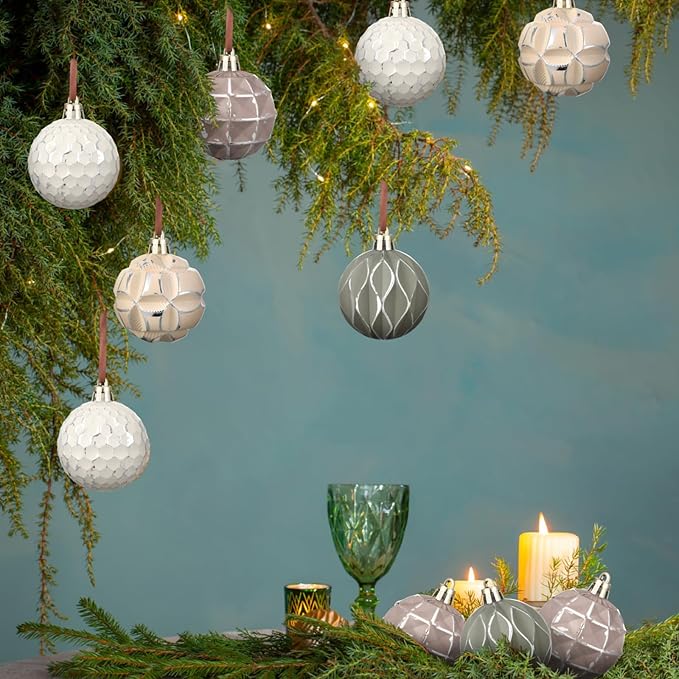 Syhood 12 Pcs Neutral Textured Christmas Ball Ornaments 2.4 Inch Vintage Xmas Tree Decorations Rustic Distressed Xmas Baubles Antique Farmhouse Modern Christmas Decor for Tree Home (Neutral)