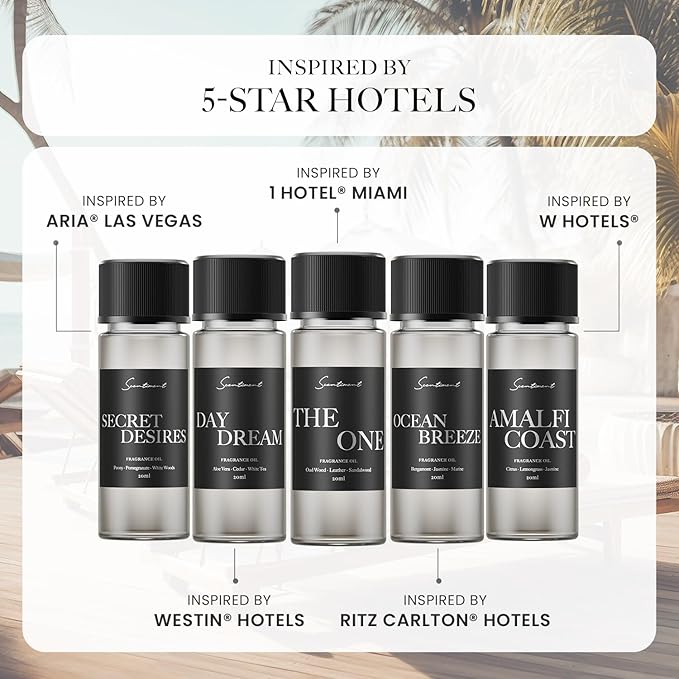Scentiment Hotel Diffuser Oil Discovery Kit | Inspired by 1 Hotel® Ritz-Carlton® & Luxury Hotel Scents | Aromatherapy Oils with Notes of Cardamom, Tuscan Leather, and Sandalwood (20ml, Top 5 Scents)