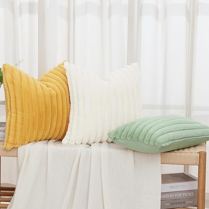 decorUhome Faux Fur Christmas Throw Pillow Covers 12x20 Set of 2, Decorative Soft Plush Striped Neutral Couch Euro Pillow Covers with Velvet Back for Sofa, Bed, Living Room Home Decor, Sage Green