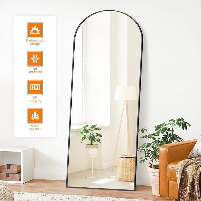 Full Length Arched Mirror, 70"x24" Standing Floor Full Body Mirror for Wall with Aluminum Alloy Frame for Bedroom, Living Room, Dressing Room(Black)