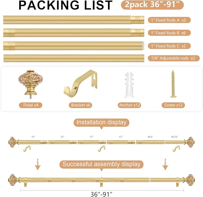 2 Pack Gold Curtain Rods for Windows 48 to 84 Inch, Decorative Vintage Crystal 1'' Diameter Curtain Rod with Gold Foil Finials, Adjustable Heavy Duty Easy Install Drapery Pole Set for Farmhouse
