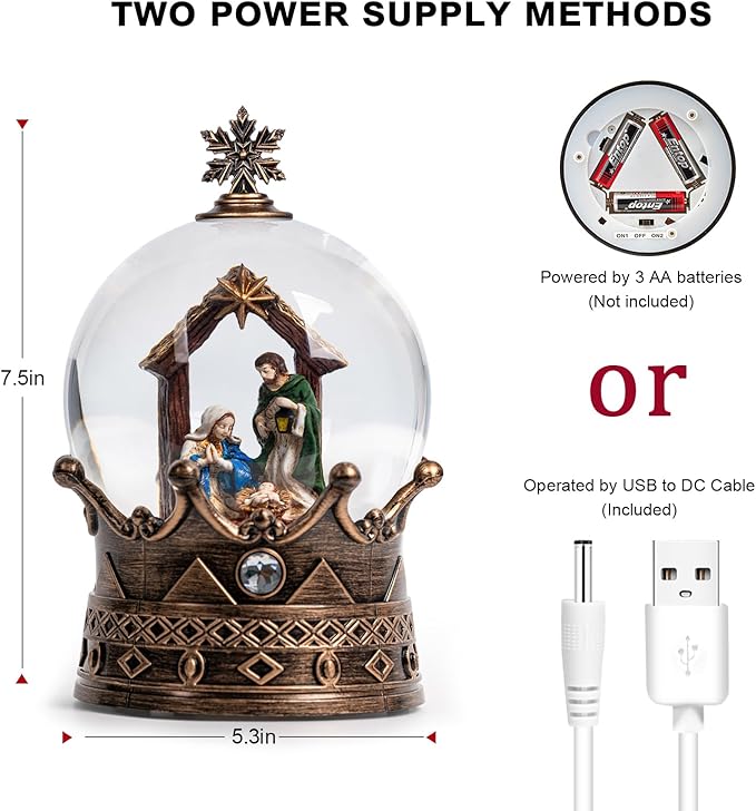 Snow Globe Lighted Christmas Decorations, Nativity Manger Scene Musical Crown Snow Globe Lantern with Swirling Glitter, Christmas Holiday Party Gifts and Decorations
