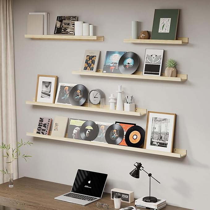 SAUMONIERES Picture Ledge Shelf Floating Book Shelves Set of 2 Wall Mounted Solid Wood for Bedroom Bathroom Living Room Kitchen, 72 Inch Natural