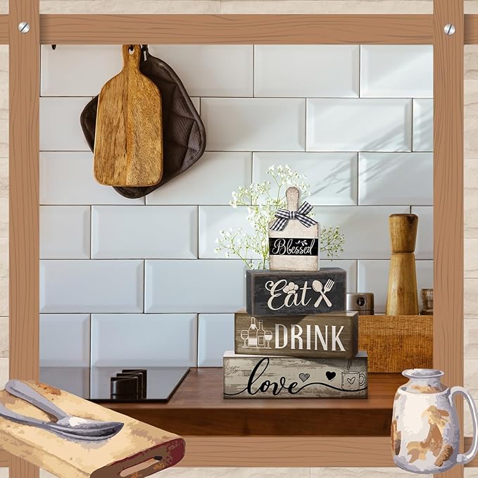 4 Pcs Wooden Farmhouse Tabletop Decor Farmhouse Tiered Tray Decor Black Brown and White Plate Tableware Centerpiece Wooden Plate Rustic Decorative Block Sign for Kitchen Shelf Desk Decoration