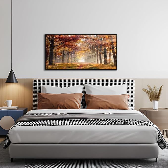 Sunset Forest Framed Wall Art - Yellow Landscape Canvas Picture Woodland Painting Nature Tree Scenery Artwork Prints for Bedroom Living Room