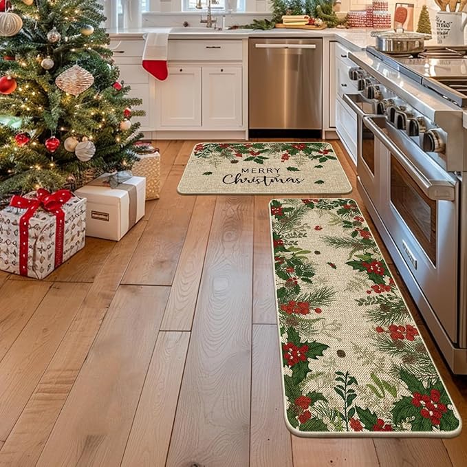 Artoid Mode Leaves Holly Merry Christmas Kitchen Mats Set of 2, Winter Home Decor Low-Profile Kitchen Rugs for Floor - 24x35 and 24x59 Inch