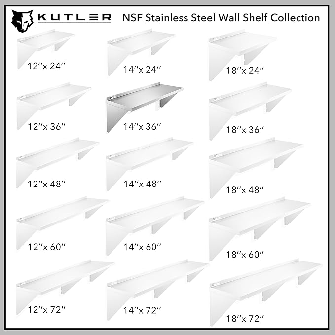 KUTLER Stainless Steel Shelf - 14" x 36", NSF Commercial Wall Mount Shelves with Backsplash, Floating Metal Shelving for Restaurant, Kitchen, Home