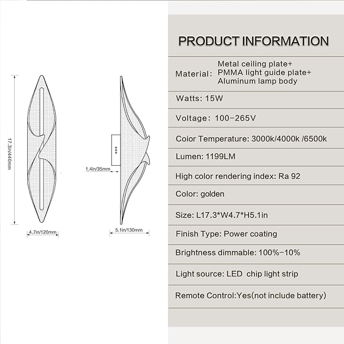 Modern Gold Wall Sconce 17.3In LED Wall Lamp with Remote Control Dimmable Acrylic Sconces Wall Lighting for Living Room Hallway Bathroom Bedroom Stairs