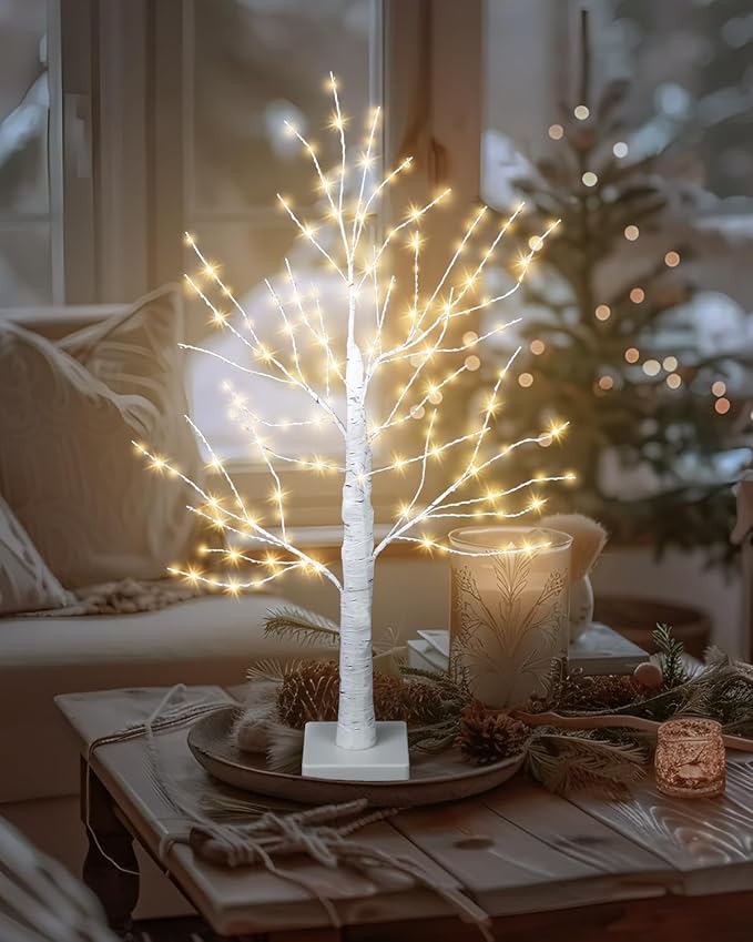 24 Inch Birch Tree with 144 LED Lights, Artificial Lighted Mini White Light Up Tree with Timer for Christmas Indoor Home Mantle Tabletop Centerpiece Decor