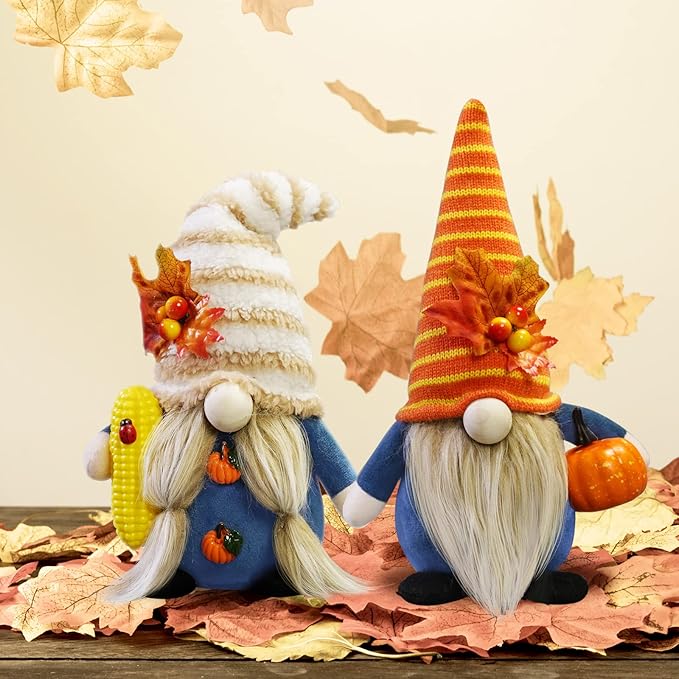 CRCZK Thanksgiving Gnome Decorations, 2Pack Handmade Fall Harvest Gnome Plush Swedish Gnomes Ornaments with Pumpkin Corn Maple Leaves Thanksgiving Gifts Autumn Holiday Home Decorations
