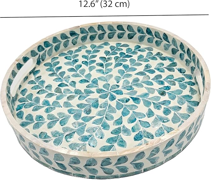 PEMAR 12.6” Mother of Pearl Round Serving Tray with Handles, Decorative Nacred Wooden Ottoman Coffee Table Tray (Teal Floral Pattern)