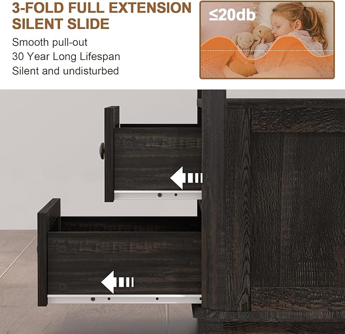End Table with Charging Station, 24” Tall Sofa Side Table with Rattan Drawer, Anti-Collision Angle Wooden Night Stand for Living Room, Bedroom, Office.