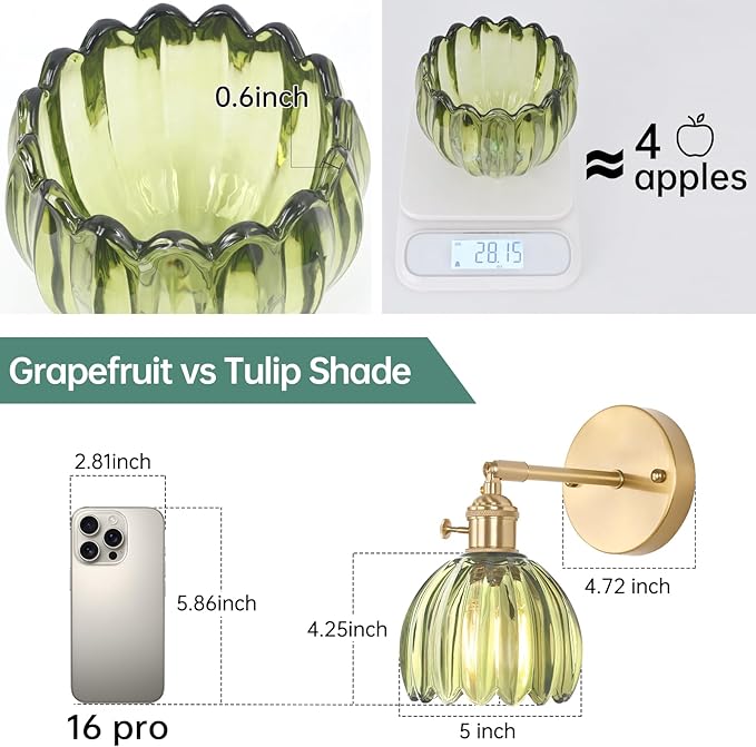 Vintage Wall Sconces Set of 2 with Cute Green Tulip Glass Lampshade 180 Degree Adjustable Brass Sconces Hradwired Modern Wall Lighting Fixture with Switch for Bedside Bedroom Doorway