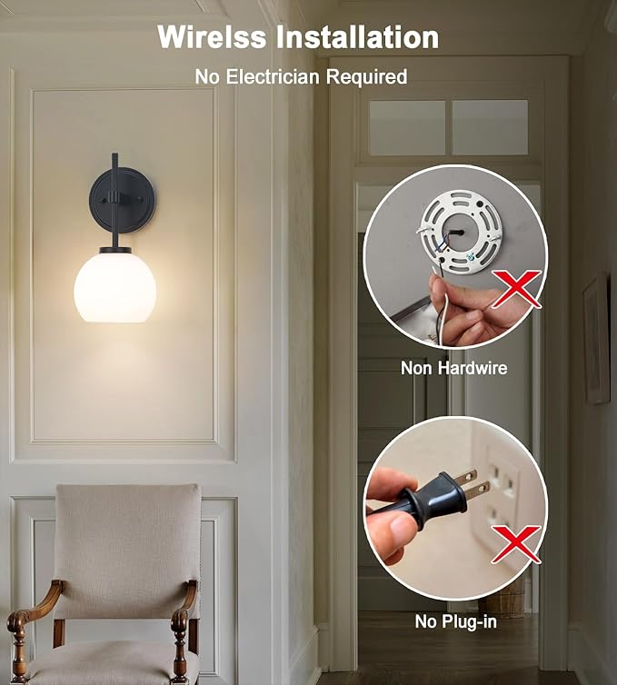 Black Wireless Rechargeable Wall Sconces with Remote Control, Battery Operated Wall Sconce Set of 2, LED Dimmable Wall Lights with Opal White Glass Shade, 12 Colors RGB & 3 CCT Bulb