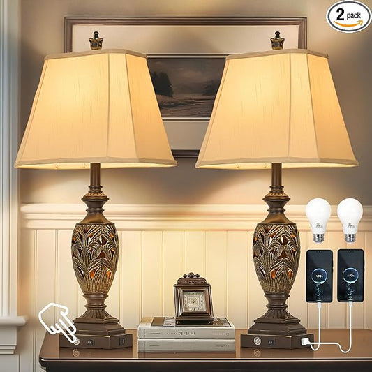 29.5" H Touch Traditional Table Lamp Set of 2,Vintage Bedside Nightstand Lamps with Dual USB and Night Light, 3-Color Hollow Out Leafwork Bronze Gold Finish Desk Lamps for Living Room,Bedroom