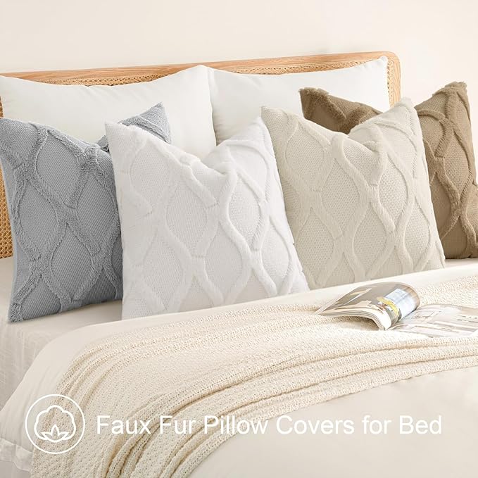 decorUhome Set of 4 Throw Pillow Covers 18x18 Inch, Neutral Decorative Soft Plush Faux Wool Couch Pillow Covers, Farmhouse Pillow Cases for Living Room Bed Sofa (Cream/Khaki)