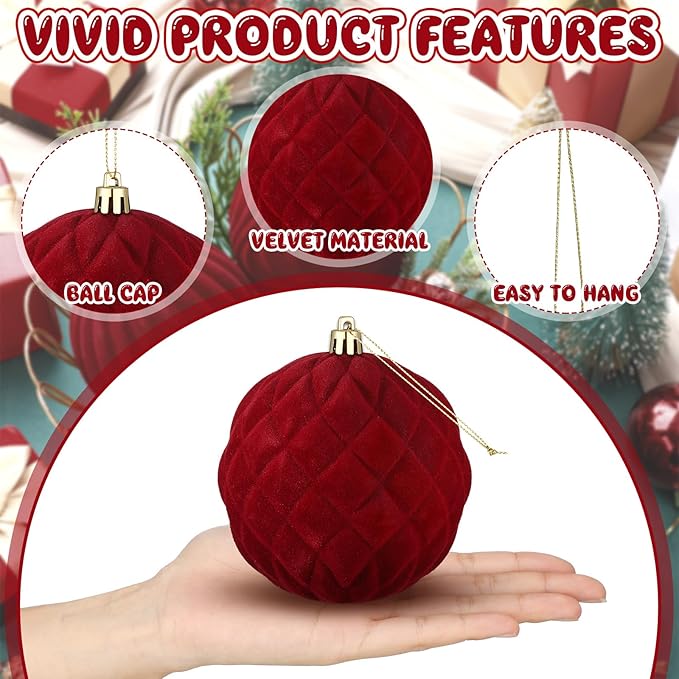 4 Pcs 4 Inch Large Velvet Christmas Ball Ornaments Vintage Christmas Plastic Ball Ornaments Flocked Tree Hanging Decoration for Xmas Party Wedding Home Decor(Wine Red)