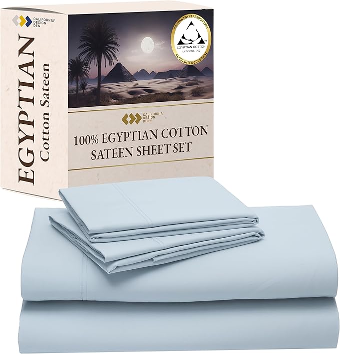 California Design Den Certified 100% Egyptian Cotton Sheets Full Size Bed Set - Soft Sateen, Deep Pocket Bed Sheets with Anti-Skid Elastic, Cool and Durable Luxury Bedding - Light Blue
