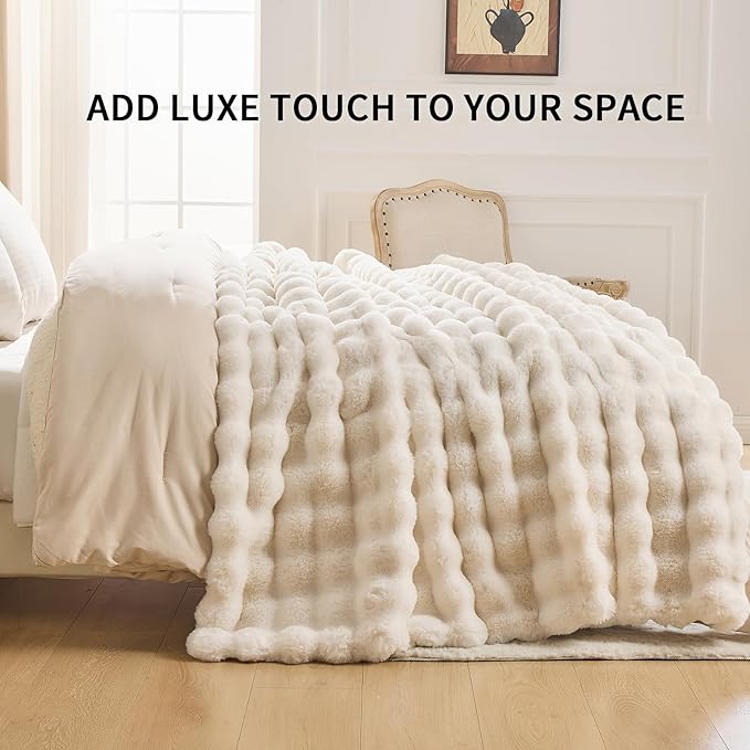 Cozy Faux Fur Throw Blanket for Couch-Warm Fuzzy Throw Blanket, Soft Plush Thick Bubble Blankets for Bedroom and Living Room, Furry Luxury Blanket, 50 x 60, Cream