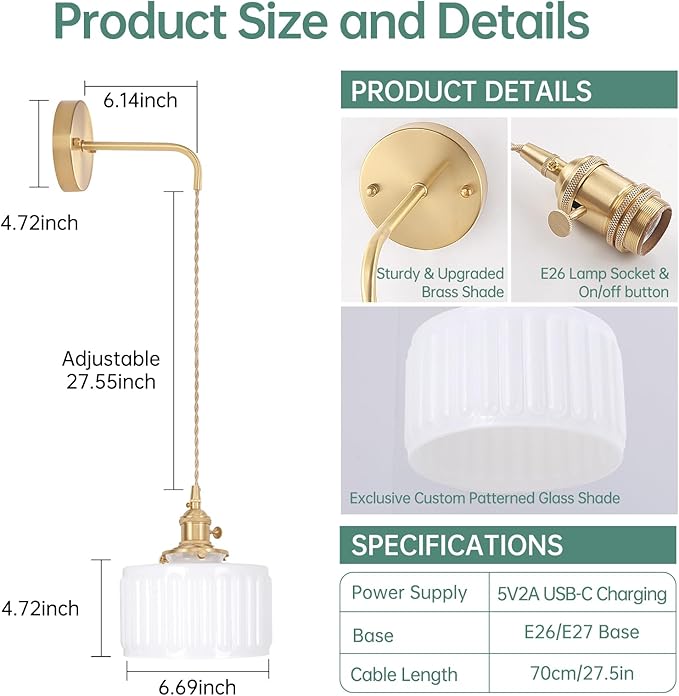 Battery Operated Wall Sconce with White Striped Shade Pattern Glass Adjustable Chain Retro Gold Wall Mounted Light, Modern Wall Lamp Fixtures Decor for Bedside Bedroom Indoor Doorway
