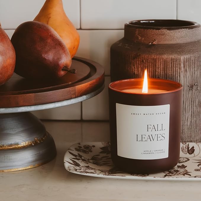 Sweet Water Decor Fall Leaves Candle, Large 15oz Jar, Soy Blend Wax Scented with Apple, Berry & Cinnamon, Cozy Autumn Home Candle, Non-Toxic & Long-Lasting, Thanksgiving Gift for Women, 70+ Hour Burn