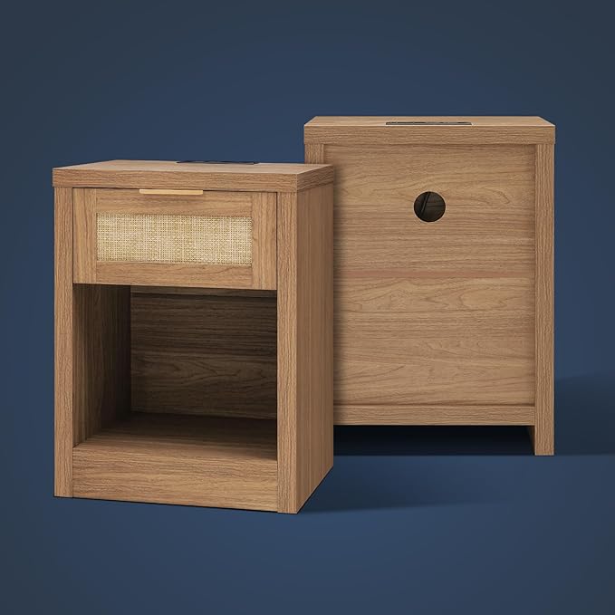Nightstand Set of 2, Rattan Night Stand with Type-C Charging Station, Bedside Table with Drawer, Boho Bed Side Table End Table Accent Table for Bedroom Living Room (Weathered Oak)