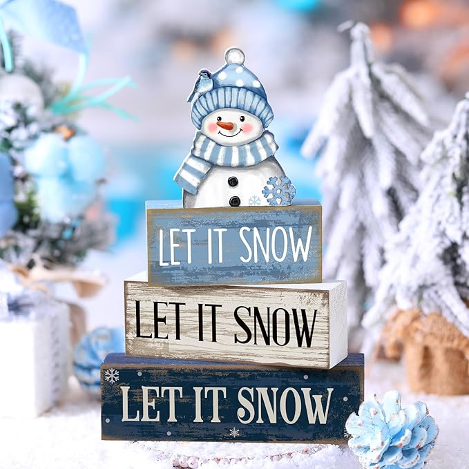 4 Pcs Christmas Table Decoration Wooden Snowman Winter Tiered Tray Decor Christmas Centerpiece Decorative Snowman Block Sign Gift Winter Decoration for Home Kitchen Shelf Office