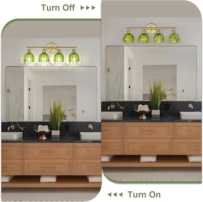 Vintage Bathroom Light Fixtures,4-Light Hardwired Vanity Lights Over Mirror,Gold Wall Sconces with Green Tulip Glass Shade for Bathroom Living Room,E26 Socket(Bulbs Not Included)
